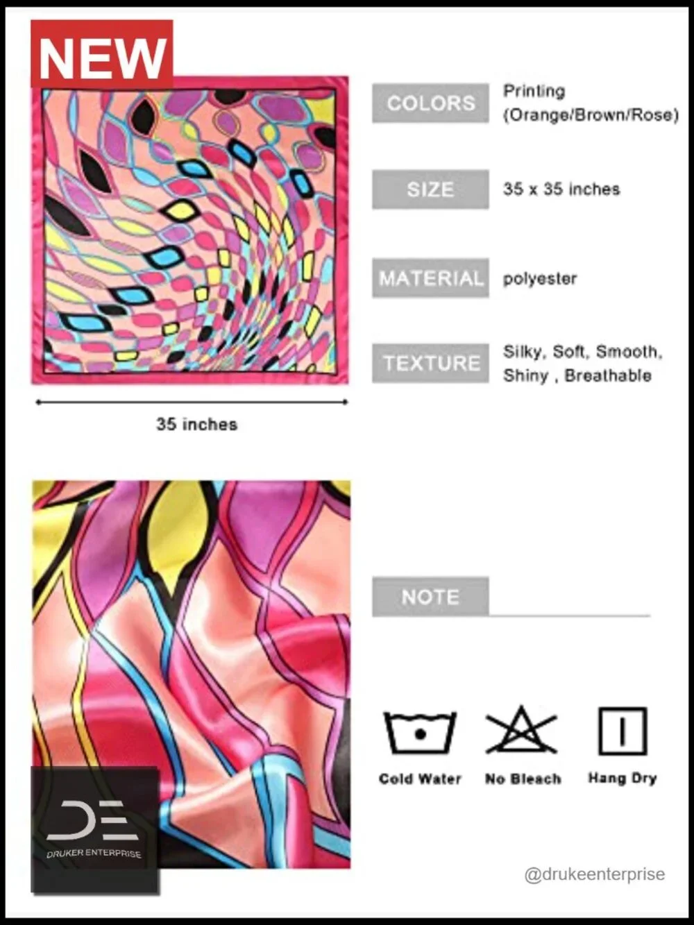 3 Pack Large Square Satin Head Scarf - Silk Feel Bandana Hair Wrap